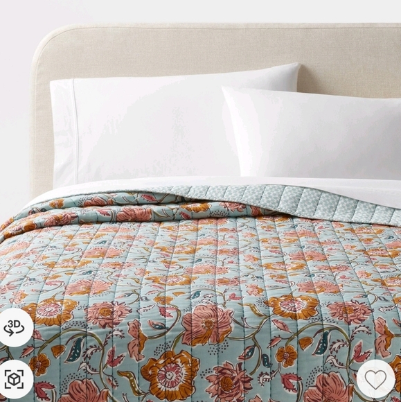 King Earthy Vines Quilt Light Teal Blue/Mustard Yellow/Light Pink Floral - Picture 3 of 7